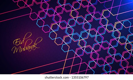 Afiche de Eid Mubarak, cartel o diseño de tarjetas de felicitación. Dibujo vectorial de fondo claro abstracto con un brillante patrón islámico geométrico de neón para el mes sagrado de la comunidad musulmana Ramadan Kareem