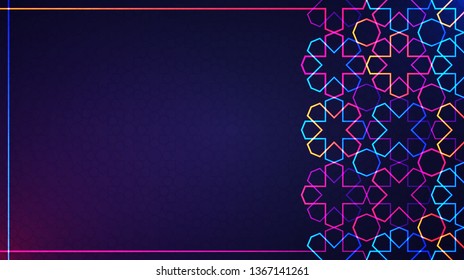 Eid Mubarak poster, banner or greeting card design. Vector illustration of abstract light background with glowing neon geometric islamic pattern for holy month of muslim community Ramadan Kareem