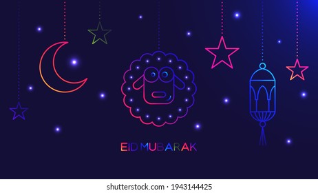 Eid Mubarak poster, banner or greeting card design. Vector illustration of abstract light background with glowing neon colored sheep, stars, moon and islamic lantern for holy month of muslim community