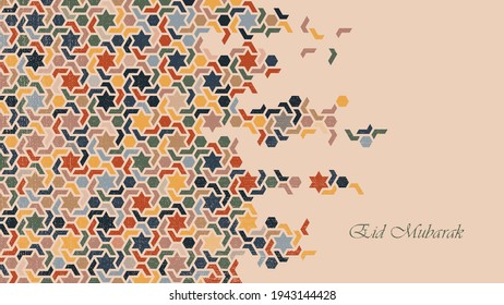 Eid Mubarak poster, banner or greeting card design. Vector illustration of abstract background with traditional colorful geometric islamic ornament for holy month of muslim community Ramadan Kareem
