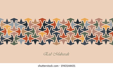 Eid Mubarak Poster, Banner Or Greeting Card Design. Vector Illustration Of Abstract Background With Traditional Colorful Geometric Islamic Ornament For Holy Month Of Muslim Community Ramadan Kareem