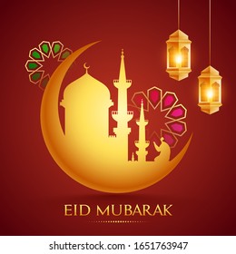Eid Mubarak Poster Design with Crescent Moon, Mosque, Muslim Man Praying and Hanging Golden Illuminated Lanterns on Brown Background.