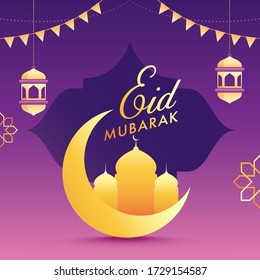 Eid Mubarak Poster Design mit Crescent Moon, Moschee, Hanging arabischen Laternen und Jagdfahnen auf violettem Hintergrund dekoriert.