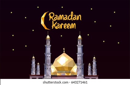 Eid mubarak poster design low poly mosque. An artistic representation of a golden-domed mosque with crescent moon and stars, adding a festive and cultural tone.