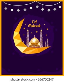 Eid mubarak poster design low poly mosque. An artistic representation of a golden-domed mosque with crescent moon and stars, adding a festive and cultural tone.