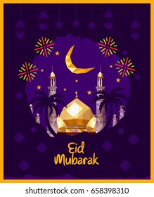 Eid mubarak poster design low poly mosque. An artistic representation of a golden-domed mosque with crescent moon and stars, adding a festive and cultural tone.