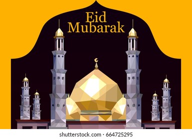 Eid mubarak poster design low poly mosque. An artistic representation of a golden-domed mosque with crescent moon and stars, adding a festive and cultural tone.