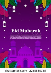 Eid mubarak Poster design in modern and colorful style decorated with leaves, mosque shapes, lanterns and stars, islamic vector design