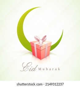 Eid Mubarak Poster Design With Realistic Gift Box And Crescent Moon On Glossy White Background.
