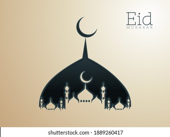 Eid Mubarak Poster Design with Silhouette Mosque on Beautiful Background. Eps 10.