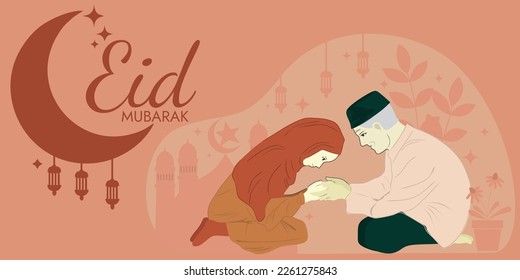 eid mubarak poster illustration. flat design old man and woman in hijab shaking hands.