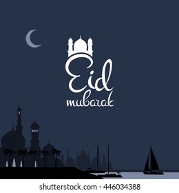 Eid mubarak poster. Illustration of Ramadan Kareem with Arabic mosque and the sea with boats for the celebration of Muslim community festival. Free hand write with a floral frame specially for Ramadan