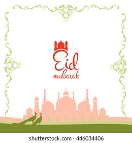 Eid mubarak poster. Illustration of Ramadan Kareem with Arabic mosque and garden with peacocks for the celebration of Muslim community festival. Hand write with a  floral frame specially for Ramadan.