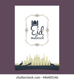 Eid mubarak poster. Illustration of Ramadan Kareem with Arabic mosque and garden with peacocks for the celebration of Muslim community festival. Hand write with a floral frame specially for Ramadan.