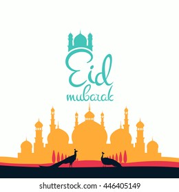 Eid mubarak poster. Illustration of Ramadan Kareem with Arabic mosque and garden with peacocks for the celebration of Muslim community festival. Hand write with a floral frame specially for Ramadan.