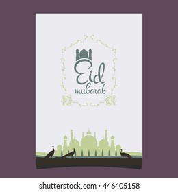 Eid mubarak poster. Illustration of Ramadan Kareem with Arabic mosque and garden with peacocks for the celebration of Muslim community festival. Hand write with a floral frame specially for Ramadan.
