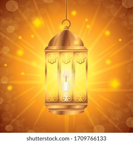 eid mubarak poster with lantern hanging and decoration vector illustration design