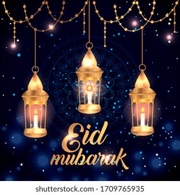 afiche de eid mubarak con linternas colgando y decorando ilustración vectorial diseño