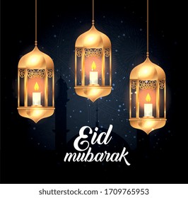 eid mubarak Plakat mit Laternen hängt und Dekoration Vektorillustration Illustration Design