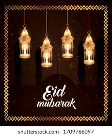 eid mubarak poster with lanterns hanging and silhouette mosque vector illustration design
