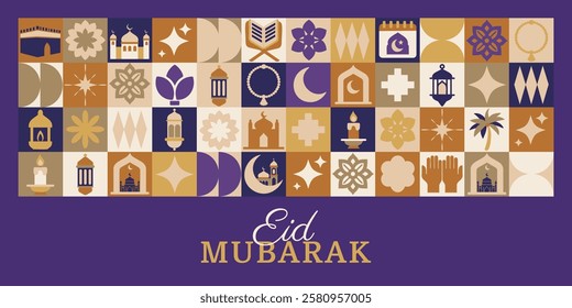 Eid Mubarak poster with many different symbols and designs, including a palm tree, a crescent moon, and a star. The poster is titled Eid Mubarak