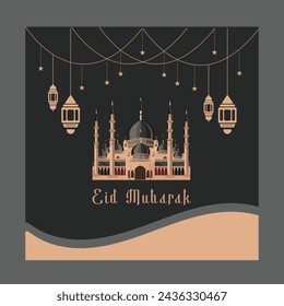 Eid Mubarak poster: Modern, minimalist mosque design in bold black, grey, and orange hues. Contemporary yet traditional. #Eid #IslamicArt