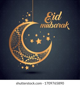 eid mubarak poster with moon and decoration vector illustration design