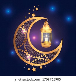 eid mubarak poster with moon and lantern vector illustration design