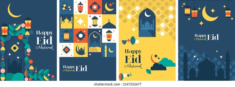 Eid Mubarak poster and wallpaper design. Islamic greeting card template. Media banner set vector illustrations.