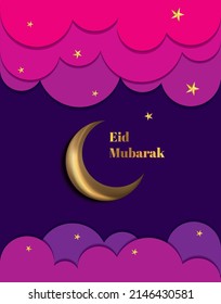 Eid Mubarak posters or invitations design with 3d paper cut islamic stars and moon on gold and violet background. Vector illustration. Place for text. islamic background