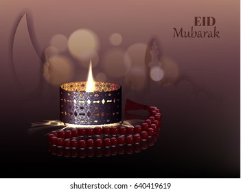 Eid Mubarak postkaardi kujundus pidu. Candle with beads on the background of the moon and the mosque. Vector illustration.