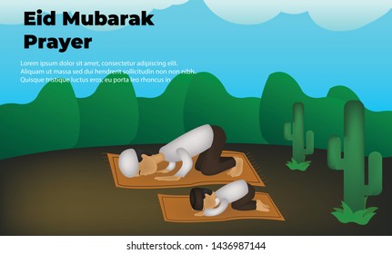 eid mubarak prayer with tiny people ilustration Graphic Elements Template can be use for, landing page, template, ui, web, mobile app, poster, banner, flyer,kids Book, social media, Card Invitation,