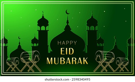 Eid Mubarak Premium Illustration Luxury Design. Green Gradient Background with Mosque and Ornate Islamic Decorations. Golden 'Happy Eid Mubarak'  Design for Islamic Festivities.