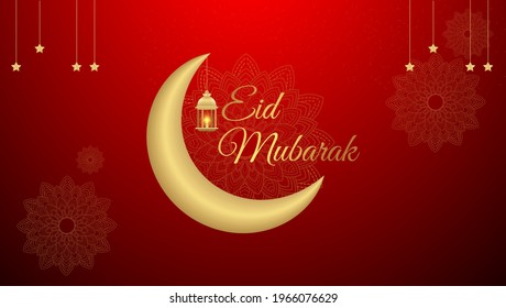 Eid Mubarak premium vector illustration with luxury design. Red gradient eid mubarak background with star and moon. Islamic light design 