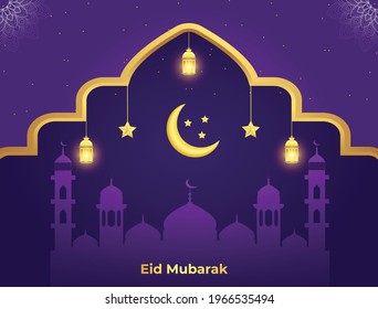 Eid Mubarak premium vector illustration with luxury design. Blue pink gradient eid mubarak background with star and moon.