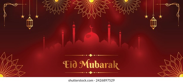 Eid Mubarak Premium Vektor Illustration Luxus Design. Roter Hintergrund mit Moschee und kunstvollen islamischen Dekorationen. Goldenes 'Happy Eid Mubarak' Vektor-Design für islamische Feste.