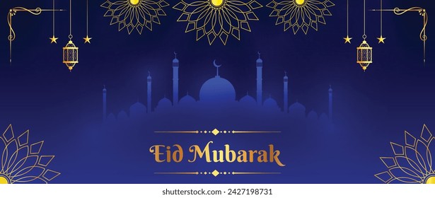 Eid Mubarak Premium Vector Illustration Luxury Design. Blue Gradient Background with Mosque and Ornate Islamic Decorations. Golden 'Happy Eid Mubarak' Vector Design for Islamic Festivities.