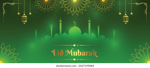 Eid Mubarak Premium Vektor Illustration Luxus Design. Grüner Hintergrund mit Moschee und kunstvollen islamischen Dekorationen. Goldenes 'Happy Eid Mubarak' Vektor-Design für islamische Feste.
