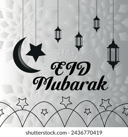 Eid Mubarak premium vector illustration with gradient background. Golden color Eid Mubarak background with Islamic light, star and moon.