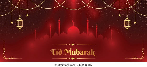 Eid Mubarak Premium Vector Illustration Luxury Design. Golden Text On a Red Gradient Background with Mosque and Ornate Islamic Decorations. Happy Eid Mubarak, Vector Design for Islamic Festivities
