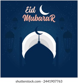 Eid Mubarak premium vector illustration design. Blue and dark gradient eid mubarak background with star and moon. Islamic light design eid mubarak.