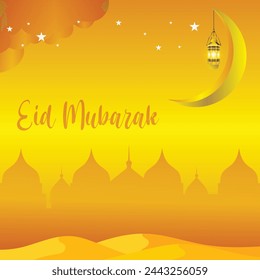 Eid Mubarak premium vector illustration with luxury design. Blue pink gradient eid mubarak background with star and moon. Islamic light design with white eid mubarak design