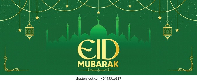 Eid Mubarak Premium Vector Illustration Luxury Design. Golden Text On a Green Background with Mosque and Ornate Islamic Decorations. Eid Mubarak, Vector Design for Islamic Holidays