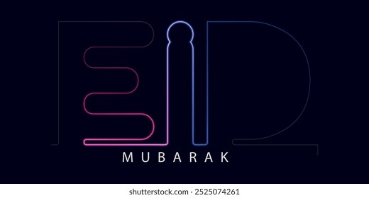 Ilustração vetor premium Eid Mubarak com design de luxo. Fundo de mubarak de eid de gradiente rosa azul, texto de néon