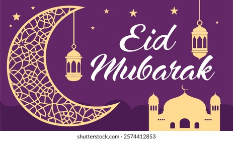 Eid Mubarak premium vector illustration with luxury design. Blue pink gradient eid mubarak background with star and moon. Islamic light design with white eid mubarak design