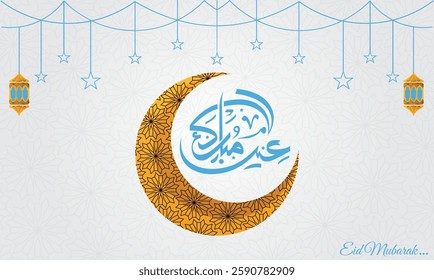 Eid Mubarak premium vector illustration with luxury design. Blue dark Blue gradient background with star and moon. typography. Islamic light design with golden eid mubarak design