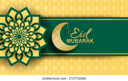 Eid mubarak ,Ramadan mubarak background. Design with moon,  gold lantern on golden background. Vector.
