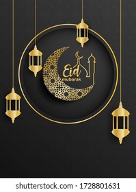 Eid mubarak ,Ramadan mubarak Hintergrund. Design mit Mond, goldene Laterne auf schwarzem Hintergrund. Vektor.