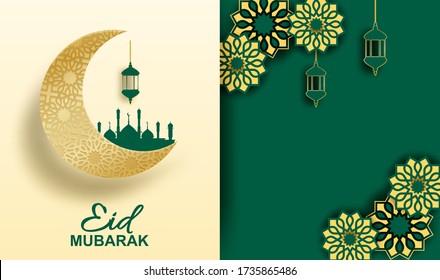 Eid mubarak, Ramadan mubarak de fondo. Diseño con luna, linterna dorada sobre fondo dorado. Vector.
