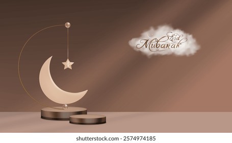 Eid Mubarak Ramadan Background,Islamm 3D Crescent Moon, Gold Star on Podium,Vector Ramadhan Kareem with cloud decoration on brown wall,Banner of Eid Al Adha,Eid Al Fitr,Islamic new year Muharram